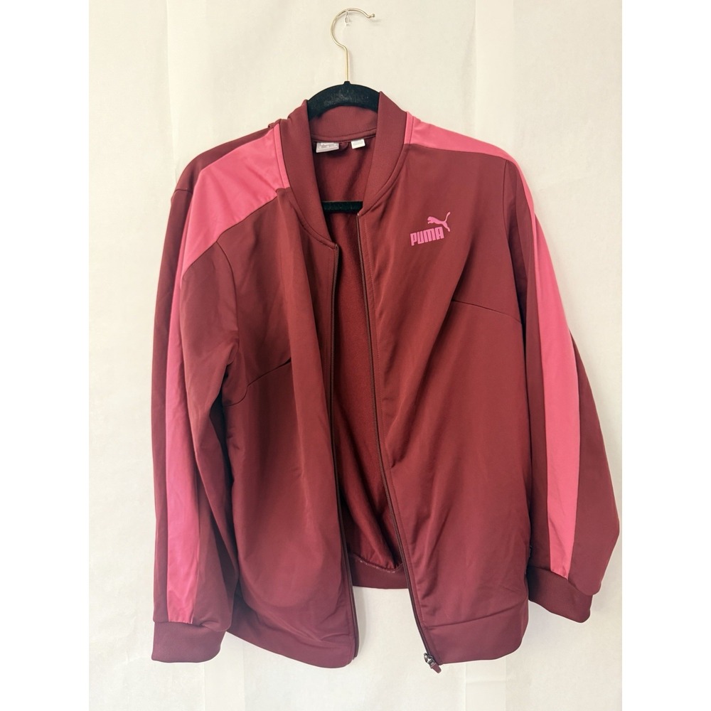 Puma Women's Contrast Tricot Front Zip Jacket Burgundy And Pink Size 1X